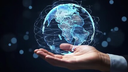 Hand holding a glowing digital globe with network connections - Powered by Adobe