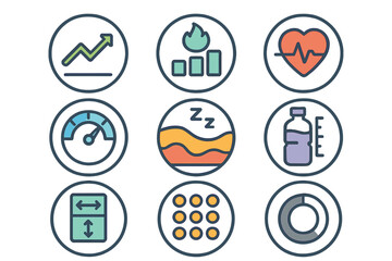 Colorful health fitness data tracking and measurement icons for user interface design