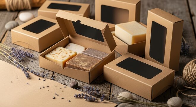 Variety of handmade soaps in eco-friendly packaging on rustic wooden table
