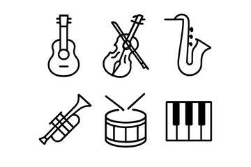 Outline icons set featuring various musical instruments like guitar and piano