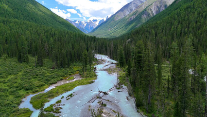 The Shavla River in the Altai Mountains in summer, as seen from a drone