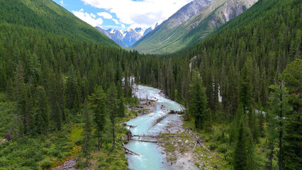 The Shavla River in the Altai Mountains in summer, as seen from a drone