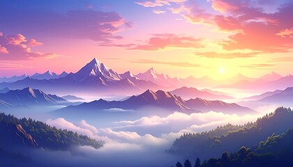 Majestic mountains rise above a sea of clouds, bathed in the warm light of a pastel-colored sunrise/sunset