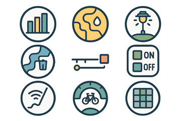 Collection of modern icons representing smart technology, sustainability, and urban planning concepts