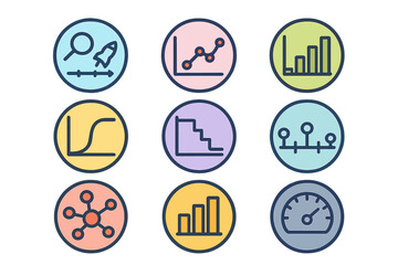 Business data analysis icons showing charts, graphs, progress, speed, and financial metrics
