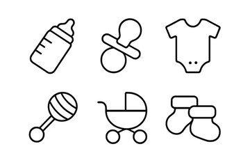 Essential newborn baby accessories including feeding bottle, pacifier, stroller, rattle, and clothing