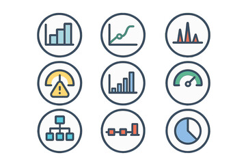Nine colorful icons for data analysis, business charts, graphs, and performance indicators
