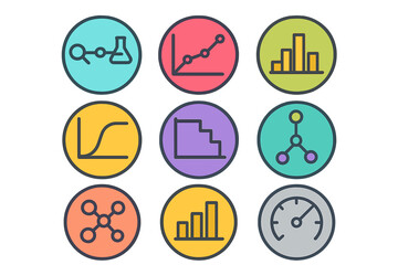 Colorful icons set for data analysis, scientific research, and business metrics