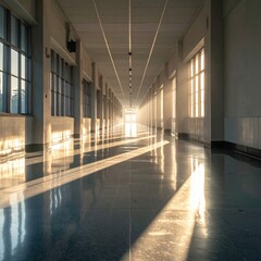 Sunlit, long hallway. Perspective toward a distant light.