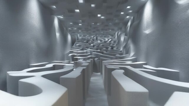 A complex maze with smooth, white pathways twists through a well-lit corridor, creating an intriguing visual experience. The maze invites exploration, engaging the mind in this uni