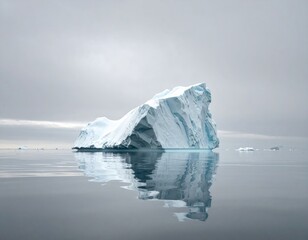 Iceberg in calm water with cloudy, gray sky