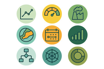 Essential icons set covering business analytics planning and environmental impact