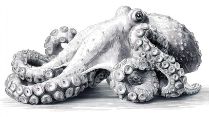 Obraz premium Detailed grayscale illustration of an octopus, tentacles curling, suction cups visible
