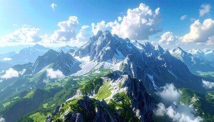 Majestic mountains rise with snow-capped peaks amid a lush, verdant landscape under a bright, cloudy blue sky