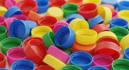 Pile of colorful plastic bottle caps, a symbol of recycling and reuse