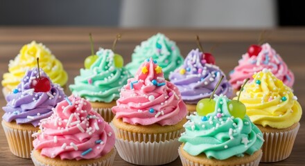 Colorful assorted cupcakes with swirled frosting and toppings on a wooden table