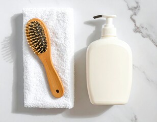 Hairbrush, towel, & lotion bottle on marble surface, top view