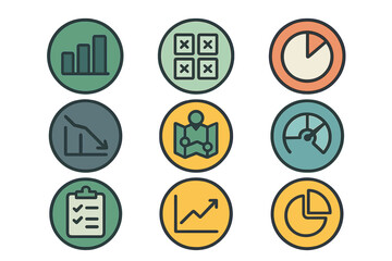 Business and data analytics icons set featuring charts, graphs, metrics, and planning symbols