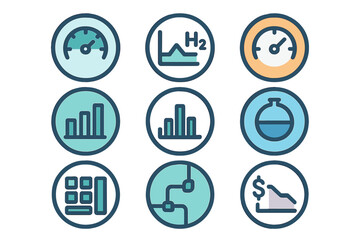 Business, Science, and Technology Icons featuring Charts, Gauges, and Chemical Symbols