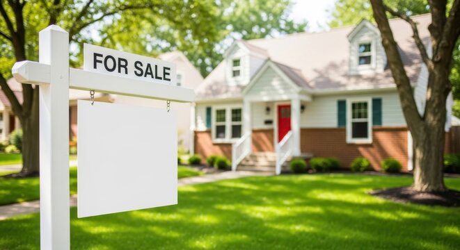 For sale sign in front of a beautiful house on a sunny day