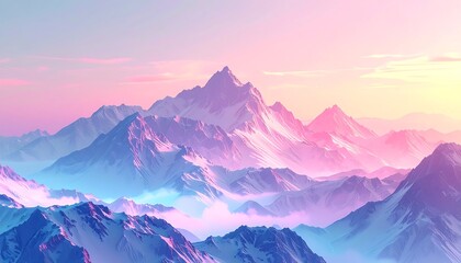 Majestic mountains with snow-capped peaks under a pastel pink and blue sky, with clouds hugging the lower altitudes