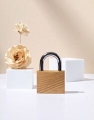 Padlock, white cubes, beige rose, soft, minimal