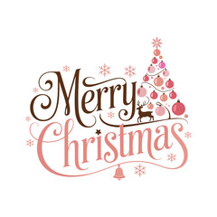 Merry Christmas Typography with Pink Tree, Reindeer Silhouette, Snowflakes and Bell ? Festive Holiday Vector for Seasonal Greeting Cards and Winter Decor