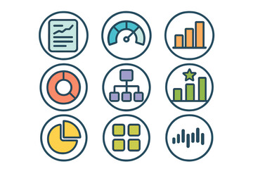 Business data analysis icons set with bar charts pie graphs performance gauges and diagrams
