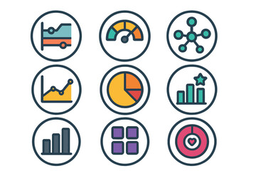 Colorful business data and performance metric icons for interface design and analytics dashboards