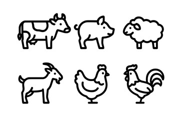 Minimalist outline set of common domestic farm animals including cow pig sheep goat hen and rooster