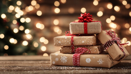 Rustic gift brown paper red bow twine holiday lights bokeh