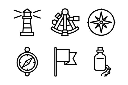 Maritime navigation and exploration symbols set featuring lighthouse, compass, and sextant