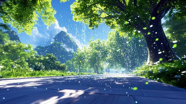 A scenic view of a sun-dappled forest path lined with vibrant green trees and foliage, with small white and green petals falling from above, leading towards maj