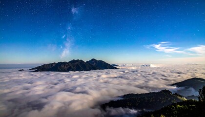 Majestic mountaintop vista peeks from cloud sea, under a starry night sky