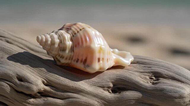 Elegant conch seashell resting on weathered driftwood bathed in warm sunlight with a serene beach background Perfect for coastal nature and vacation themes
