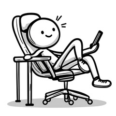 Happy stick figure character casually relaxing in an office chair using a smartphone device