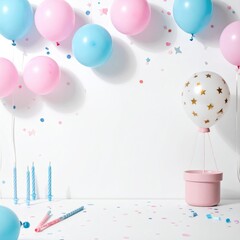 Balloons, candles, and confetti against a white backdrop