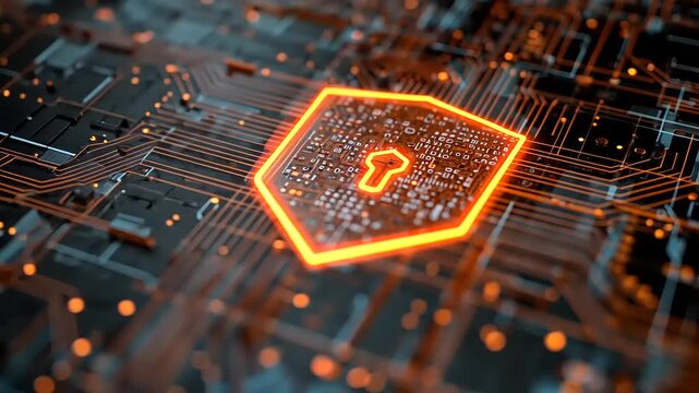Abstract digital background featuring a glowing shield symbolizing cybersecurity and protection