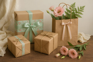 Elegant gifts wrapped in brown paper with pastel ribbons and delicate floral accents create a feeling of joy and anticipation for special occasions