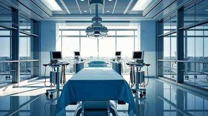 Sterile modern operating room with surgical table, medical machines, bright overhead lights, and panoramic windows creating a clean high tech hospital scene - Powered by Adobe