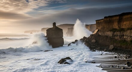 Powerful Ocean Waves Crashing Against Rugged Coastal Cliffs Under a Dramatic Sky at Sunset