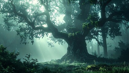 Majestic old tree with gnarled branches illuminated by sunbeams piercing through the forest canopy