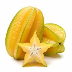 A vibrant and juicy star fruit composition featuring whole and sliced carambola, showcasing its unique star shape isolated on white background