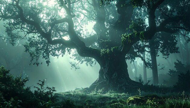 Majestic old tree with gnarled branches illuminated by sunbeams piercing through the forest canopy