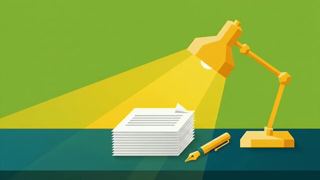 Low poly illustration of an office desk with lamp pen and stacked paper documents