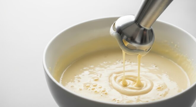 Electric blender mixing creamy batter in white bowl for smooth dessert preparation - Powered by Adobe