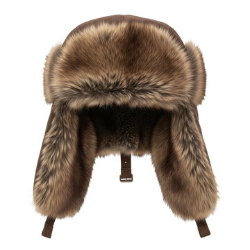 A stylish brown winter hat with soft fur trim and ear flaps ready for cold weather isolated on a black background