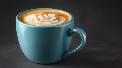 A close up of a blue coffee mug with latte art on top against a dark gray background studio shot