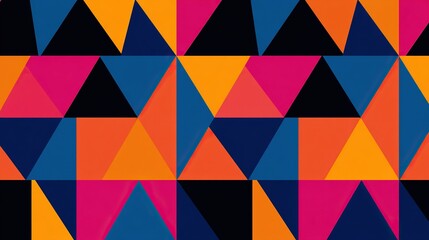 A bold abstract geometric pattern featuring vibrant orange, blue, and pink triangles. It uses sharp lines, geometric shapes, and striking color contrasts, making it suitable for creative projects.