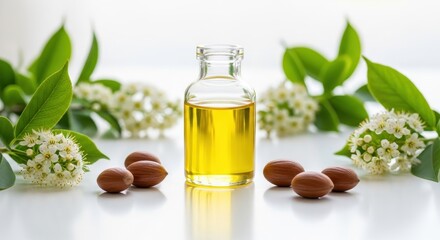 Argan oil in a bottle with argan nuts and flowers on white background